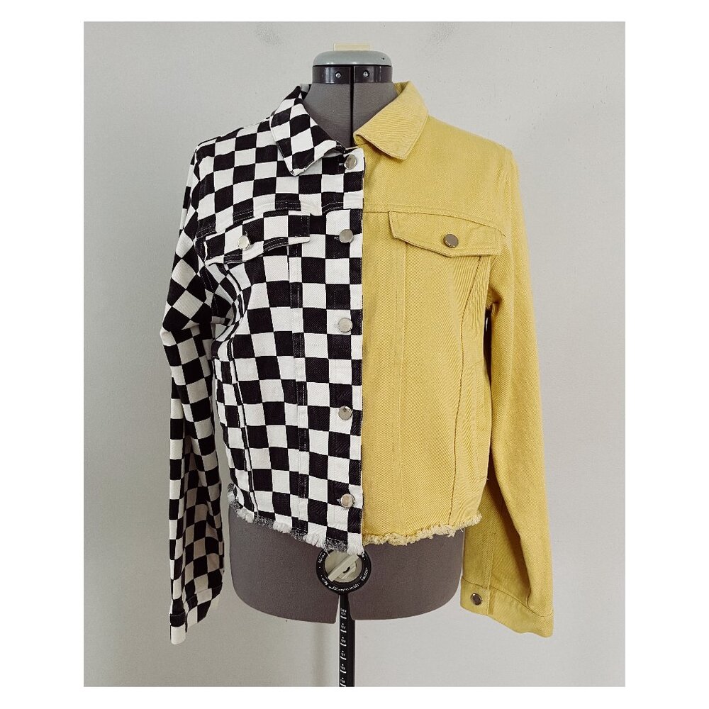 NWT M.N.I LA Sz L Black White Yellow Colorblock Cropped Stretch Denim Jacket